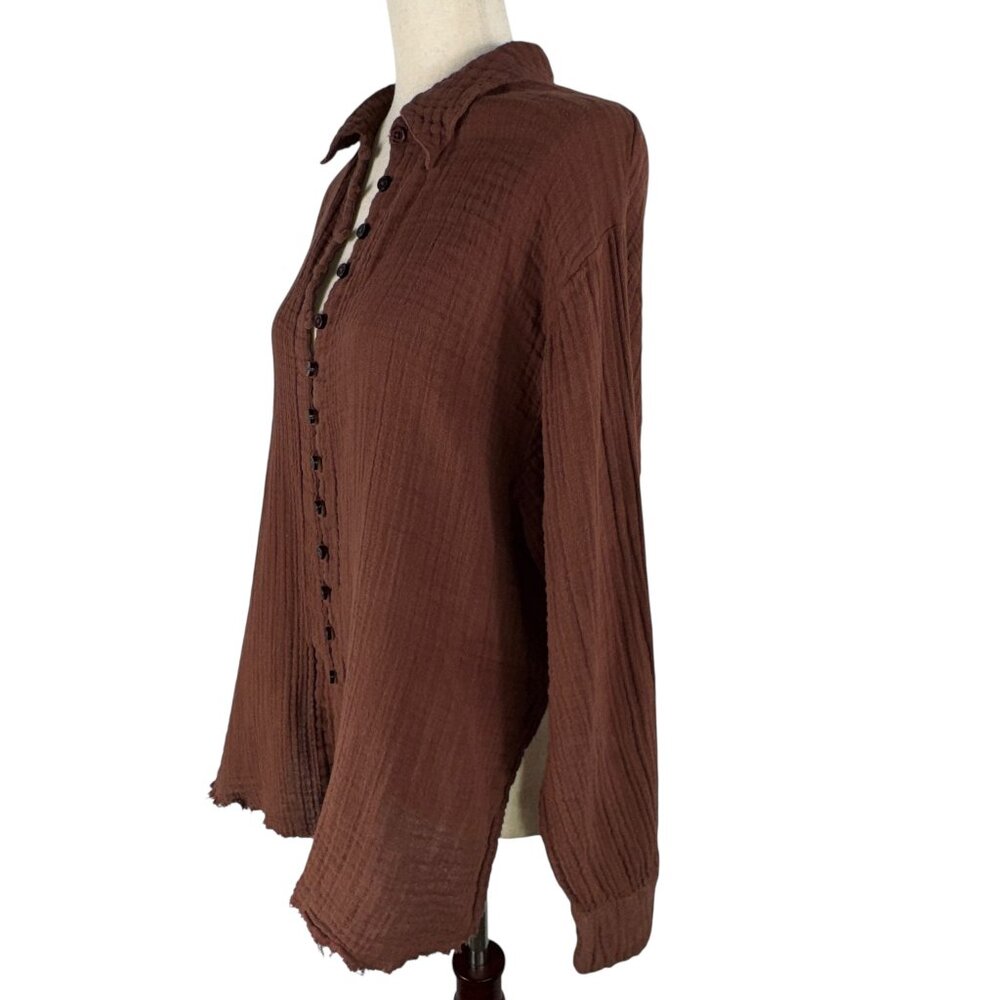 Urban Outfitters Button Up Long Sleeve Gauzey Cotton Shirt in Brown Size Medium - Picture 2 of 8